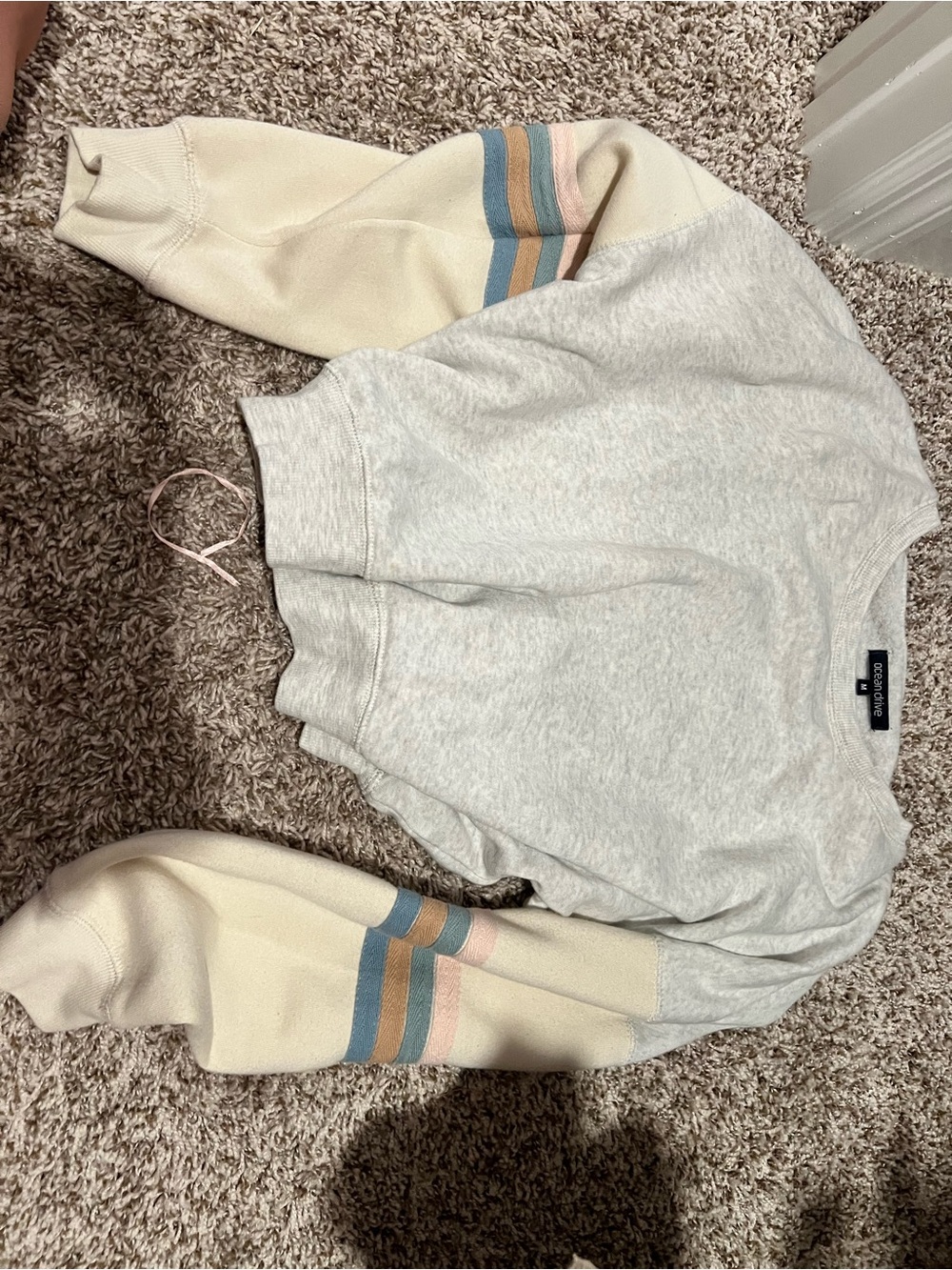 Stripe Sleeve Sweatshirt With Matching Pants- Light Gray & Cream